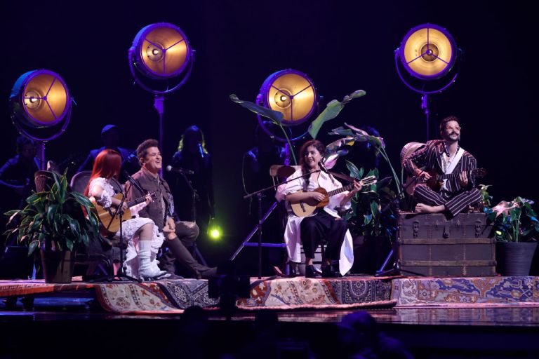LAS VEGAS, NEVADA - NOVEMBER 17: (L-R) Nicole Zignago, Carlos Vives, Silvana Estrada, and Camilo perform onstage during The 23rd Annual Latin Grammy Awards at Michelob ULTRA Arena on November 17, 2022 in Las Vegas, Nevada. (Photo by Kevin Winter/Getty Images for The Latin Recording Academy)