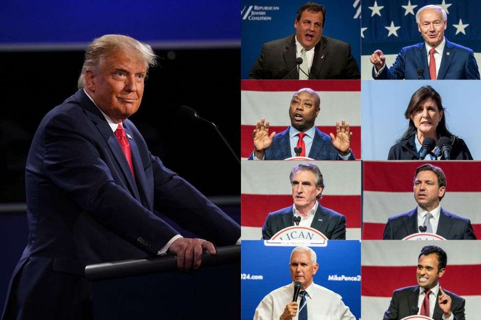 Los candidatos a la presidencia de EE. UU. por el Partido Republicano (de izquierda a derecha y de arriba a abajo): Donald Trump; Chirs Chris; Asa Hutchinson; Tim Scott; Nikki Haley; Doug Burgum; Ron DeSantis; Mike Pence; Vivek Ramaswamy.