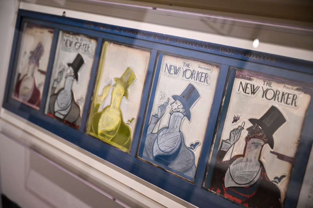 Artwork of The New Yorker designed by Rea Irvin is displayed at the "Covering The New Yorker" exhibition to commemorate the magazine’s 100th anniversary at L’Alliance New York Gallery in New York on March 6, 2025. (Photo by ANGELA WEISS / AFP) / RESTRICTED TO EDITORIAL USE - MANDATORY MENTION OF THE ARTIST UPON PUBLICATION - TO ILLUSTRATE THE EVENT AS SPECIFIED IN THE CAPTION