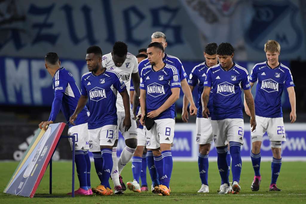 Jugadores de Millonarios, en el partido ante Alianza Petrolera, por la tercera fecha de la Liga Betplay 2023-I.