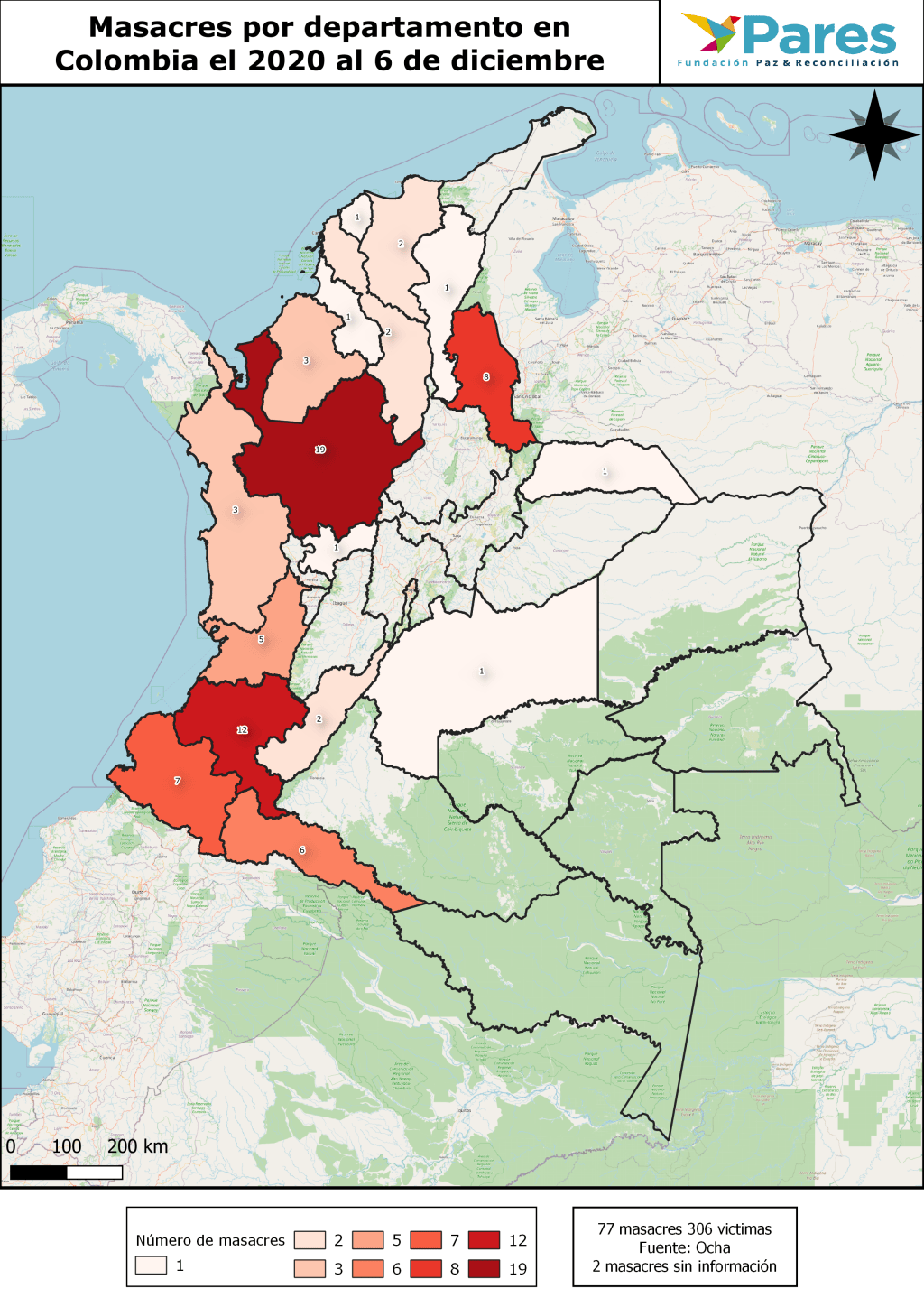 Masacres por departamento ocurridas en 2020.