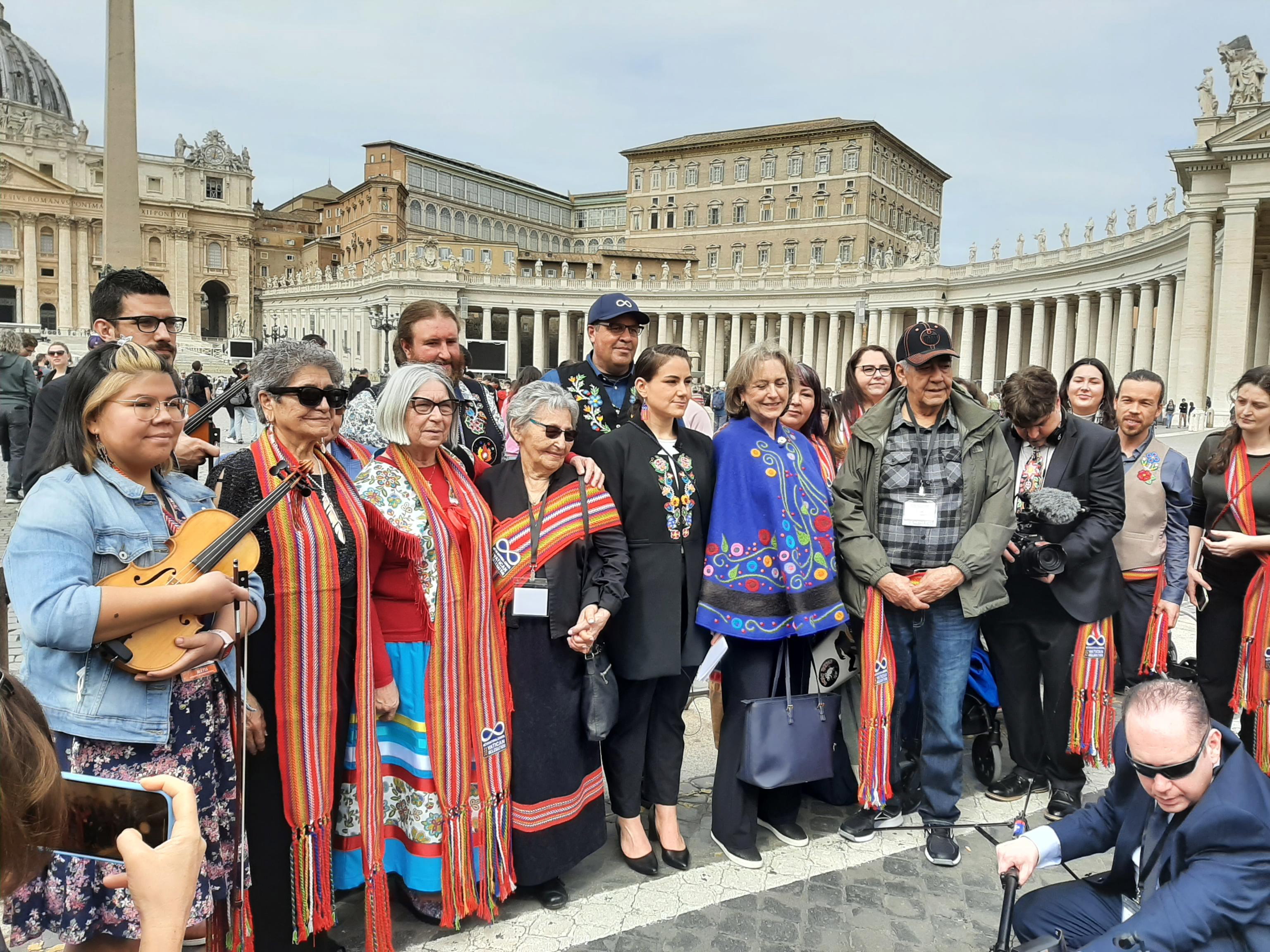 Vatican City (Vatican City State (holy See)), 28/03/2022.- A handout picture provided by the Vatican Media shows the delegation of indigenous Canadians, who met with Pope Francis (not pictured), during a briefing with journalists in St Peter's Square, Vatican City, 28 March 2022. 'Although the moment of recognition, apology and atonement is long overdue, it is never too late to do the right thing', said Cassidy Caron, President of the National Council of Metis, after the audience of Pope Francis to the delegation of indigenous Canadians, survivors of abuse in Catholic schools. Caron said that the Pontiff listened attentively as three of the many survivors of Metis told him their personal stories and showed pain but did not offer immediate excuses. (Papa) EFE/EPA/FAUSTO GASPARRONI / VATICAN MEDIA HANDOUT HANDOUT EDITORIAL USE ONLY/NO SALES