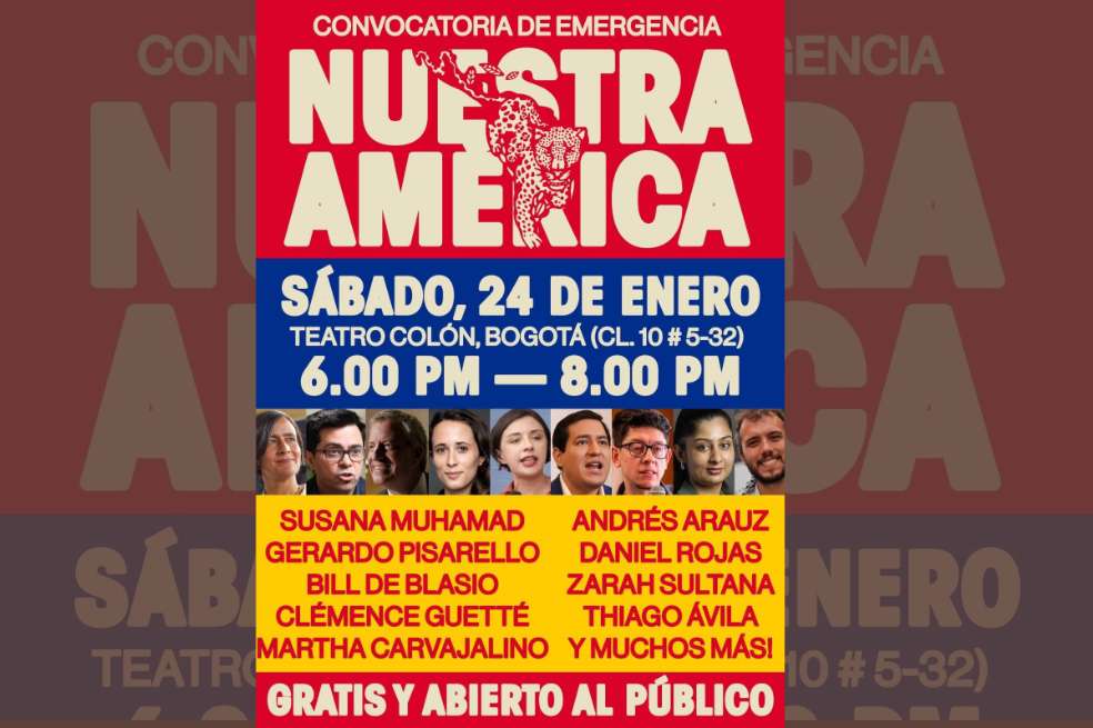 Banner de la cumbre “Nuestra América” junto a las delegaciones participantes, difundido por el equipo de prensa de la Internacional Progresista.