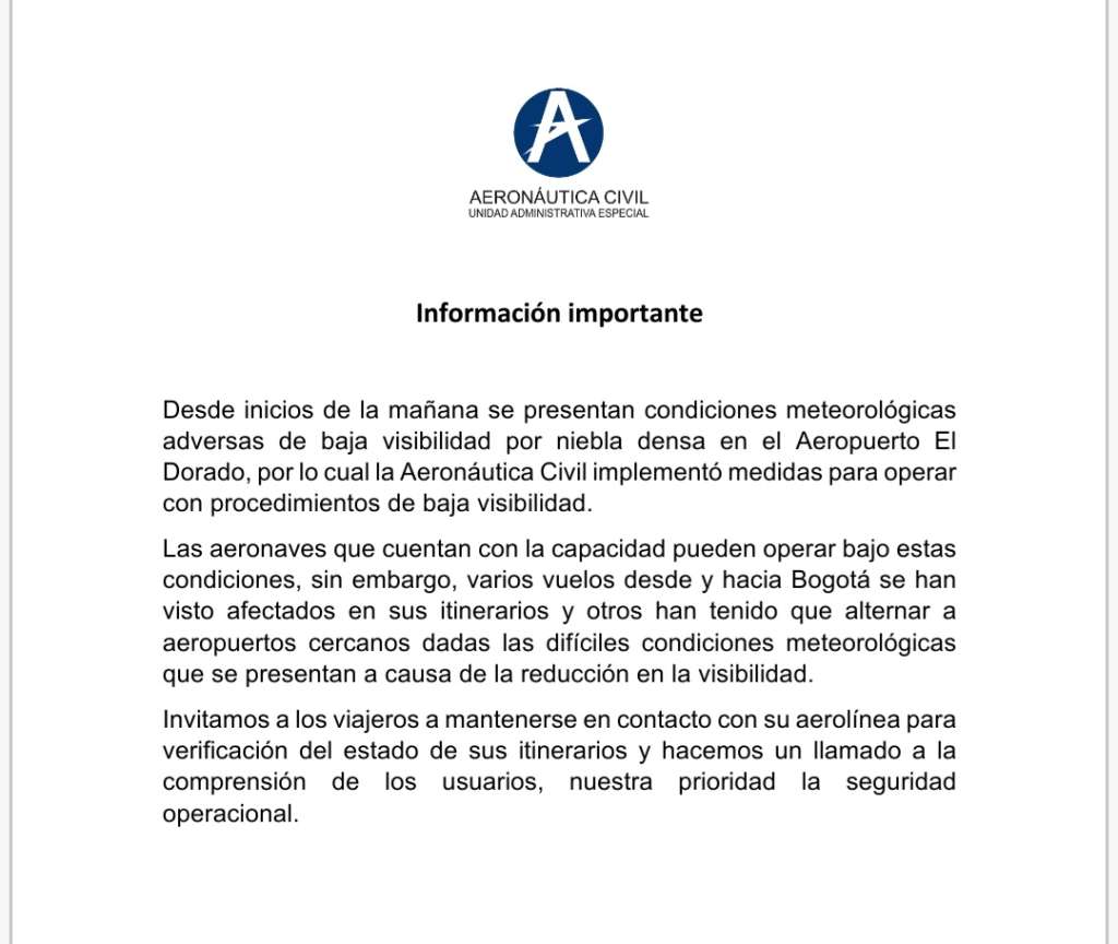 Por otra parte, el aeropuerto de Guaymaral se encuentra cerrado debido a las condiciones. Los demás aeropuertos del país mantienen sus operaciones de manera normal.