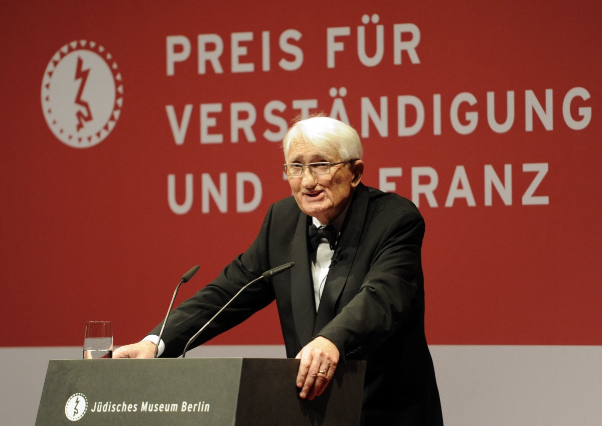 (FILES) German philosopher Jurgen Habermas speaks at the Jewish museum during a ceremony to award Jan Philipp Reemtsma and Hubertus Erlen with the prize for "Understanding and Tolerance" in Berlin, November 13, 2010.