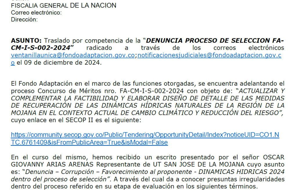 Denuncia sobre contrato en el Fondo de Adaptación.