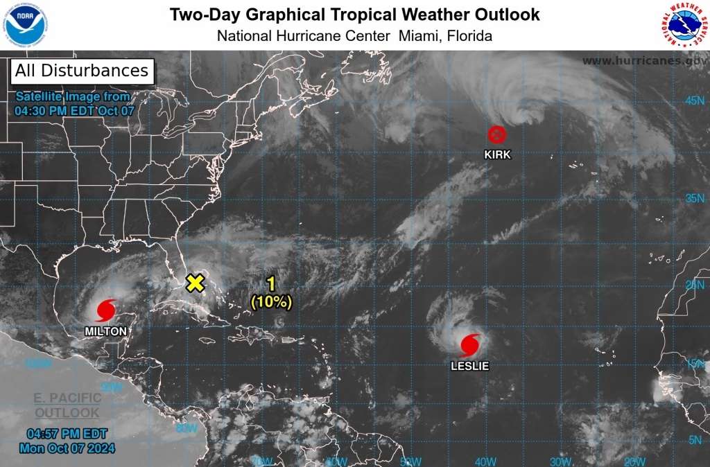 USA7544. MIAMI (FL, EEUU), 07/10/2024.- Fotografía satelital cedida por la Oficina Nacional de Administración Oceánica y Atmosférica (NOAA) a través del Centro Nacional de Huracanes (NHC) estadounidense de la localización de los huracanes Milton (i) en el Golfo de México y Leslie (abajo) en el Atlántico y la tormenta post tropical Kirk (d) hacia el norte. Partes de la costa oeste de Florida están ya bajo alerta de huracán y marejada ciclónica a la espera de la llegada del "extremadamente peligroso" huracán de categoría 5 Milton, que avanza este lunes por aguas del Golfo de México y podría impactar esta noche primero en Yucatán (México). EFE/ Oficina Nacional de Administración Oceánica y Atmosférica /SOLO USO EDITORIAL/SOLO DISPONIBLE PARA ILUSTRAR LA NOTICIA QUE ACOMPAÑA (CRÉDITO OBLIGATORIO)