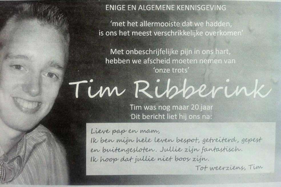 “Durante toda mi vida me han acosado, se han burlado de mí y me han aislado”, con estas palabras Tim Ribberink, de 20 años, justificó su suicidio. /Internet