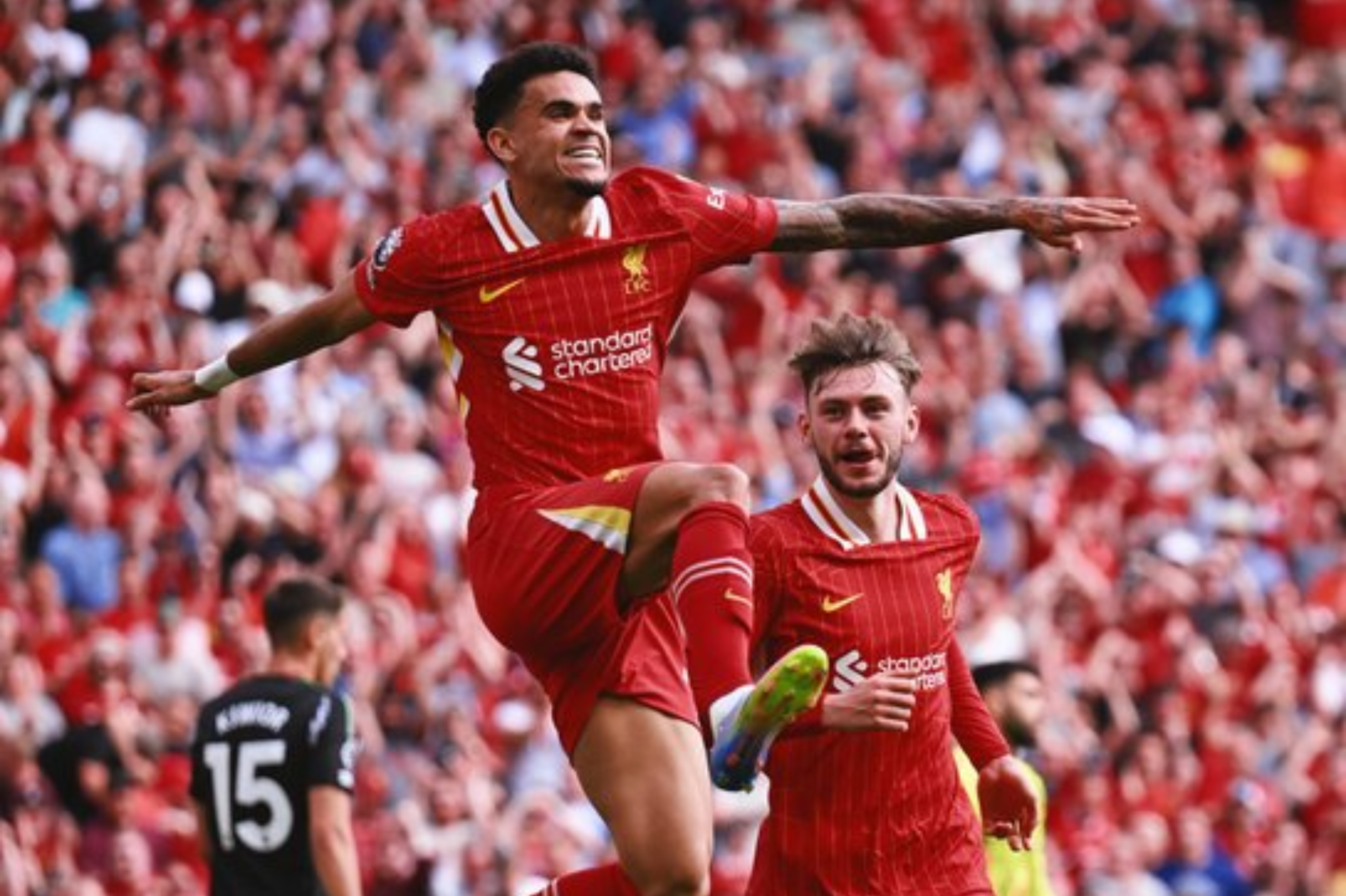 Luis Díaz celebra su gol con Liverpool este domingo.