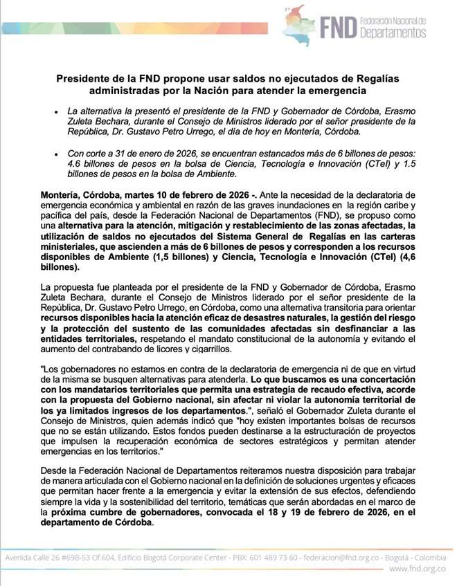 Este es el comunicado de la Federación Nacional de Departamentos.