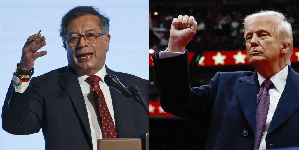 AME4270. BOGOTÁ (COLOMBIA), 26/01/2025.- Combo de fotografías donde aparece el presidente de Colombia, Gustavo Petro y el de los Estados Unidos, Donald Trump. El presidente de Colombia, Gustavo Petro, desafió este domingo a su homólogo estadounidense, Donald Trump, con un largo escrito en el que incluso afirma que no teme a que le den un golpe de Estado, en medio de la crisis bilateral por la imposición de aranceles y otras medidas anunciadas por la Casa Blanca. EFE/ Mauricio Dueñas Castañeda / Anna Moneymaker
