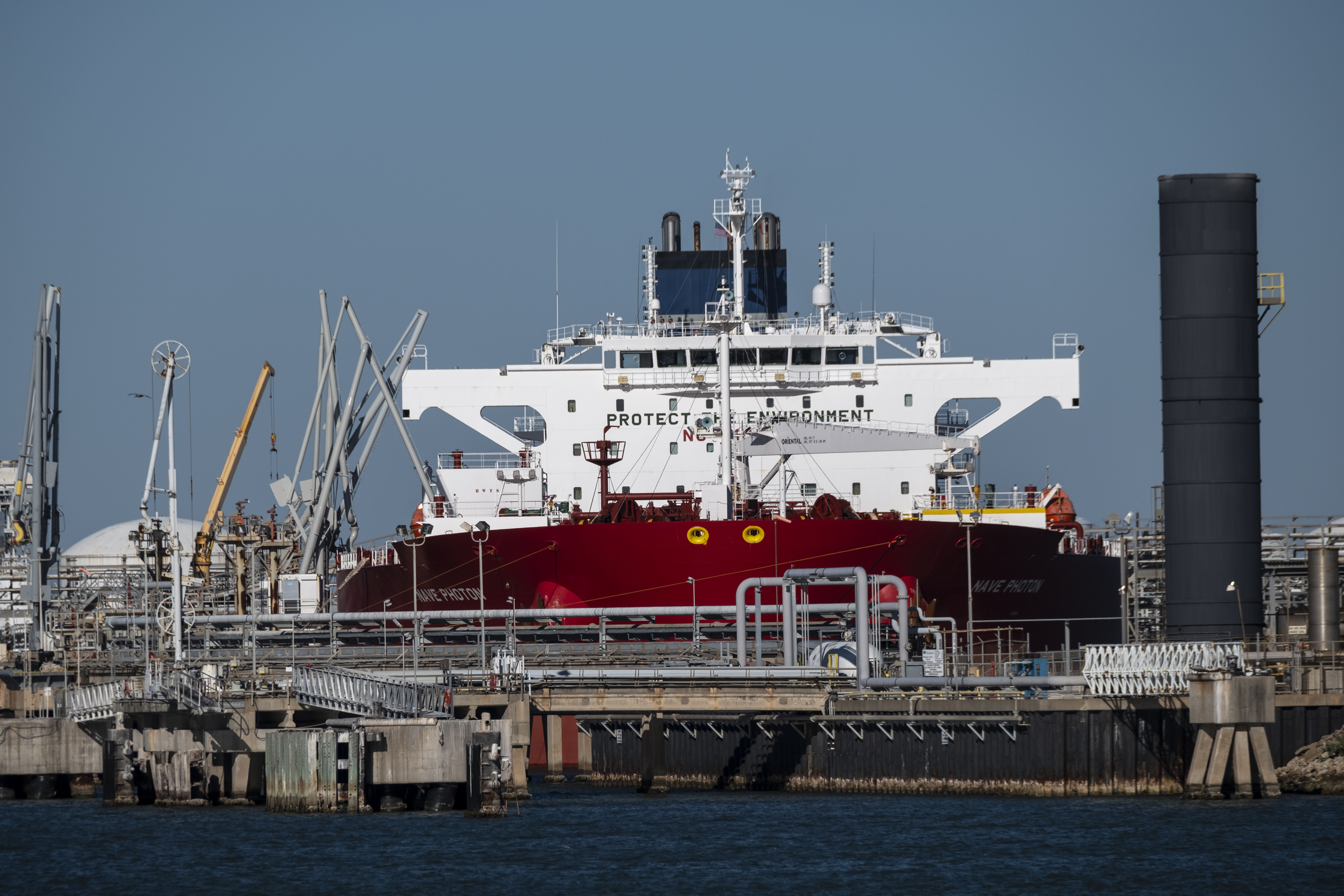 The Nave Photon crude oil tanker is docked at Freeport Marine Terminal II on Jan. 14, 2026 in Freeport, Texas. The vessel chartered by Chevron transported oil from Venezuela to the United States.