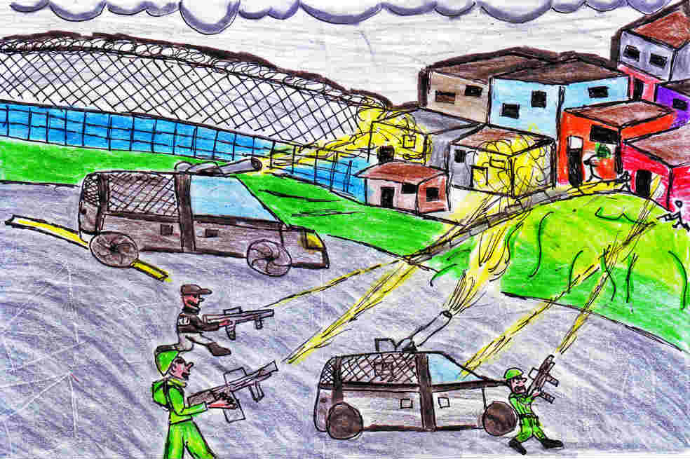 Esta es la ilustración que Jeferson Úsuga realizó sobre la ‘Operación Orión’, ocurrida el 16 de octubre de 2002. / Cortesía