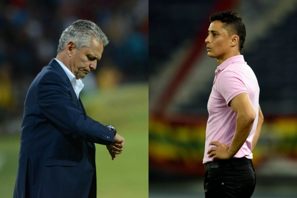 Reinaldo Rueda, técnico de Atlético Nacional y Giovanni Hernández, técnico del Júnior de Barranquilla.