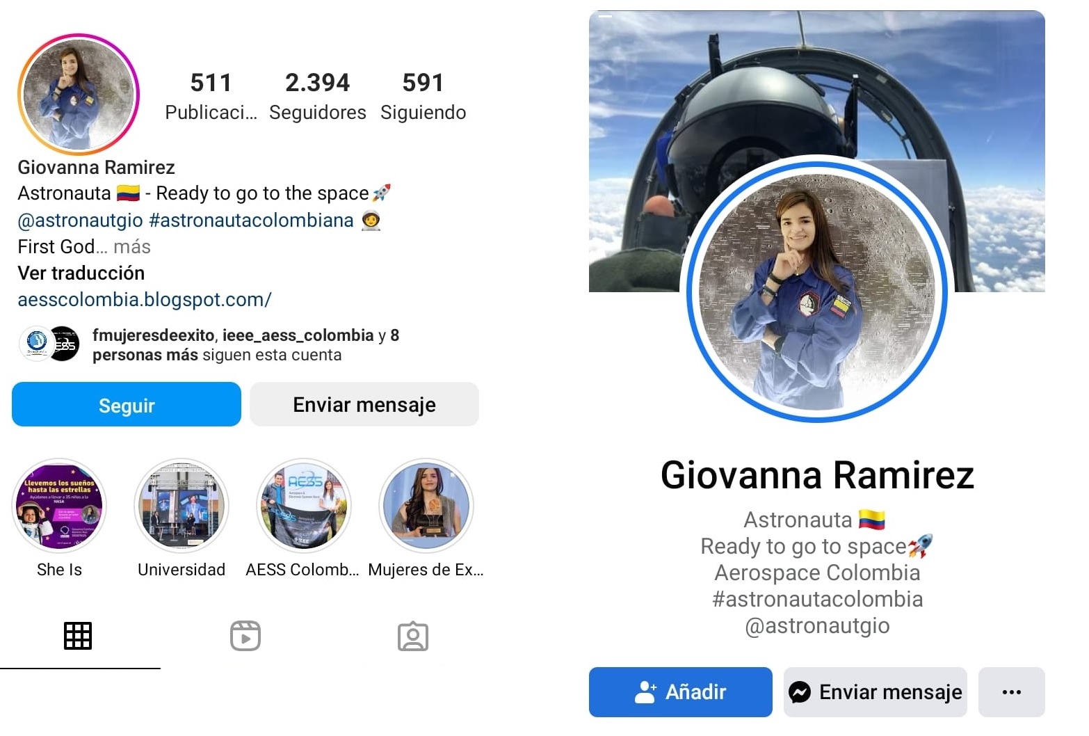 Pantallazos de cómo se presentaba en sus perfiles de redes sociales Giovanna Ramírez anteriormente.