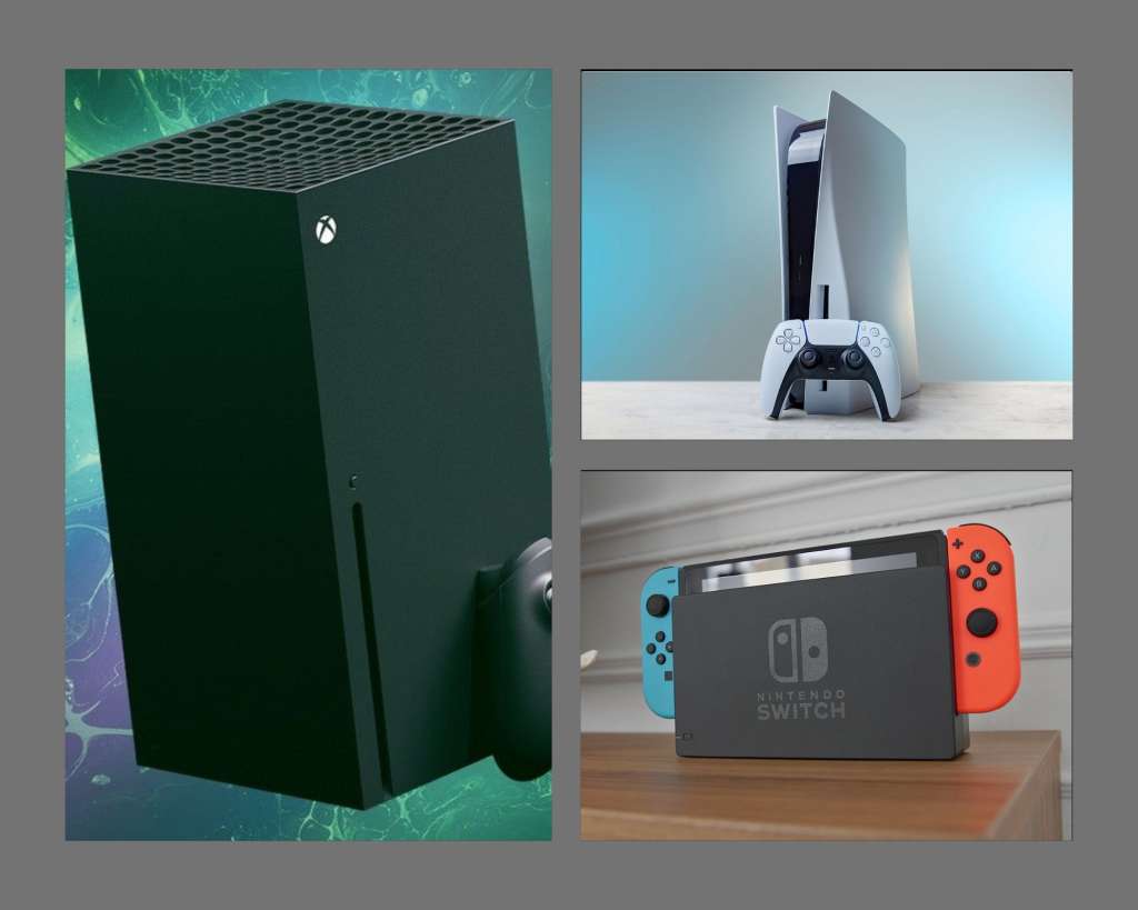 Videoconsolas de novena y actual generación: Xbox Series X (2020), PlayStation 5 (2020) y Nintendo Switch (2017).