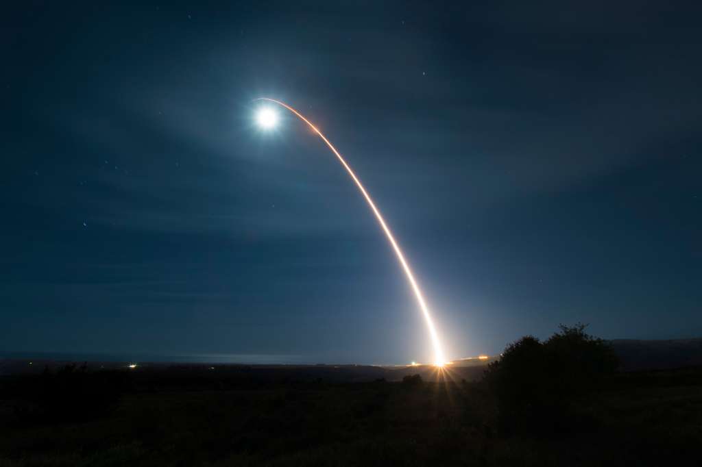 ) This handout from the US Air Force shows an unarmed Minuteman III intercontinental ballistic missile launching during a developmental test at 12:33 a.m. Pacific Time at Vandenberg Air Force Base, California on February 5, 2020. US President Donald Trump said October 30, 2025 he had ordered the Pentagon to start nuclear weapons testing on a level with China and Russia -- just minutes before opening a high-stakes summit with Chinese leader Xi Jinping. (Photo by Clayton WEAR / US AIR FORCE / AFP) / RESTRICTED TO EDITORIAL USE - MANDATORY CREDIT "AFP PHOTO /US AIR FORCE /CLAYTON WEAR/ HANDOUT " - NO MARKETING - NO ADVERTISING CAMPAIGNS - DISTRIBUTED AS A SERVICE TO CLIENTS
