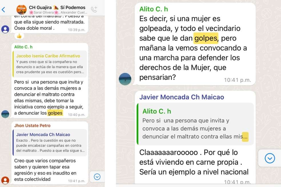 Mensajes de Alí Ibrahim Fakih, conocido como 'Alito', en contra de Johanna Osorio en el grupo de WhatsApp CH Guajira Sí Podemos.
