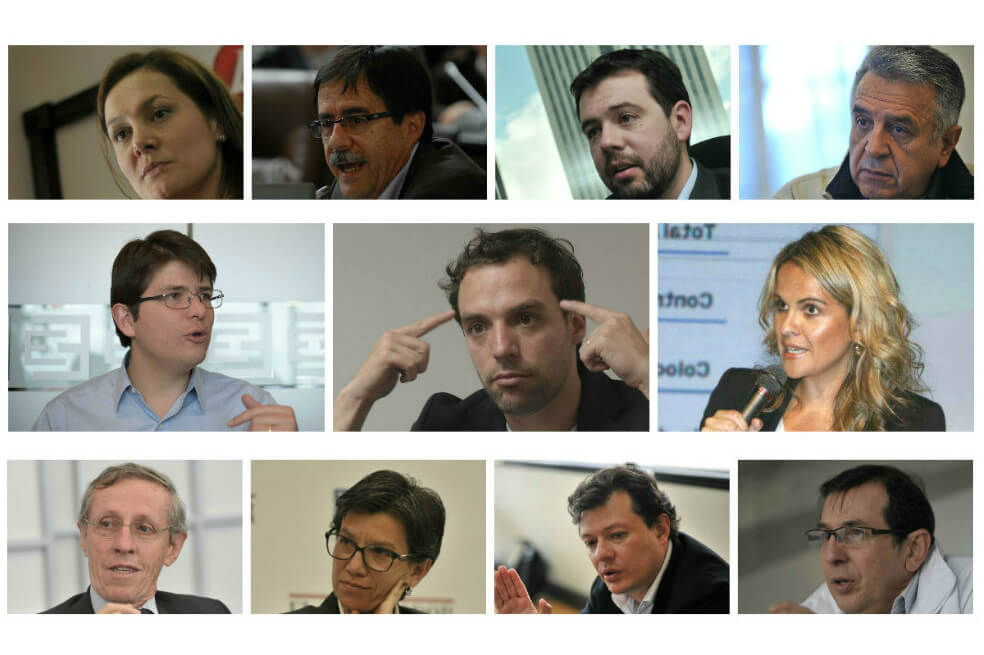 Arriba de izquierda a derecha: Ángela Garzón (Centro Democrático), Celio Nieves (Polo), Carlos F. Galán (Nuevo Liberalismo) y Luis E. Garzón (En Marcha).
Centro de izquierda a derecha: Miguel Uribe (Avancemos), Luis Ernesto Gómez (Activista) y María Andrea Nieto. (Todos por firmas).
Abajo de izquierda a derecha: Antonio Navarro y Claudia López (Alianza Verde); Hollman Morris (Mais) y Jorge Rojas (Colombia Humana).