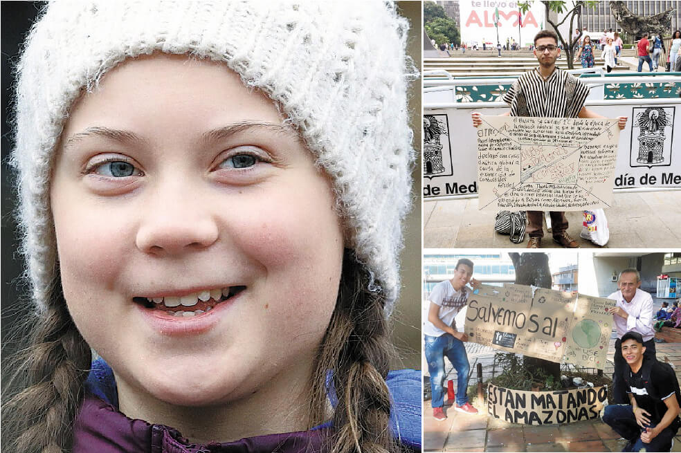 Greta Thunberg, líder de la iniciativa #FridayForFuture. Juan David Giraldo es el estudiante que lidera los plantones en Medellín. Alejandro Lotero es el encargado de coordinar los encuentros de Cali. / EFE y Cortesía