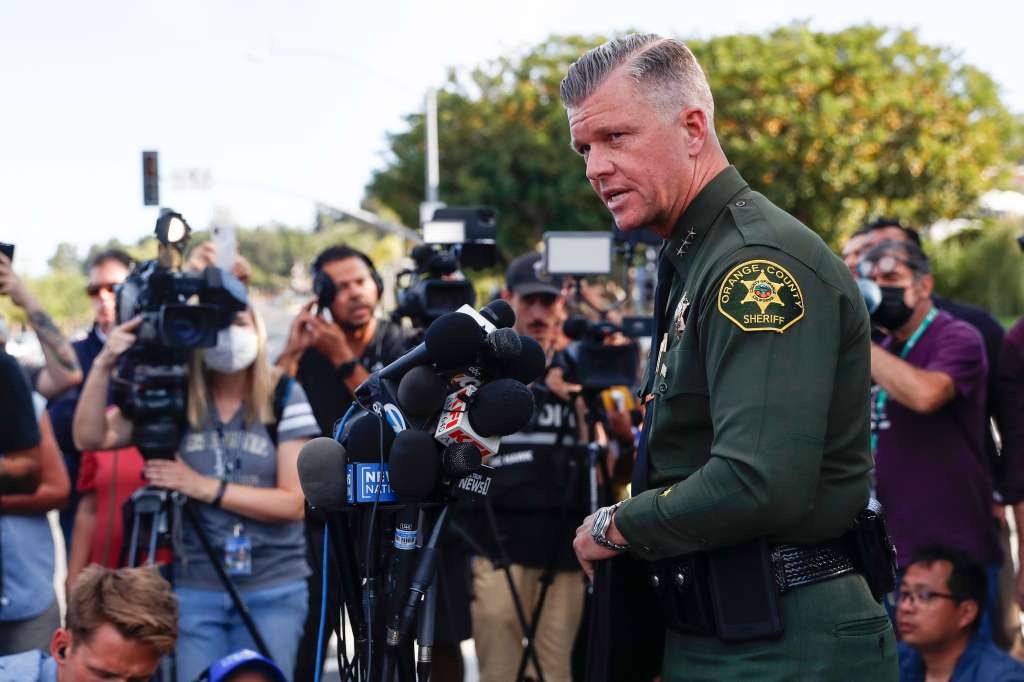 Laguna Woods (United States), 15/05/2022.- Undersheriff Jeff Hallock speaks during a news conference with other members of law enforcement following a shooting that took place in the early afternoon at Geneva Presbyterian Church in Laguna Woods, California, USA, 15 May 2022. According to the Orange County Sheriff's Department five people have been critically wounded with one person deceased. A person has been detained and a weapon has been recovered that may have been involved in the incident. (Estados Unidos, Ginebra) EFE/EPA/CAROLINE BREHMAN