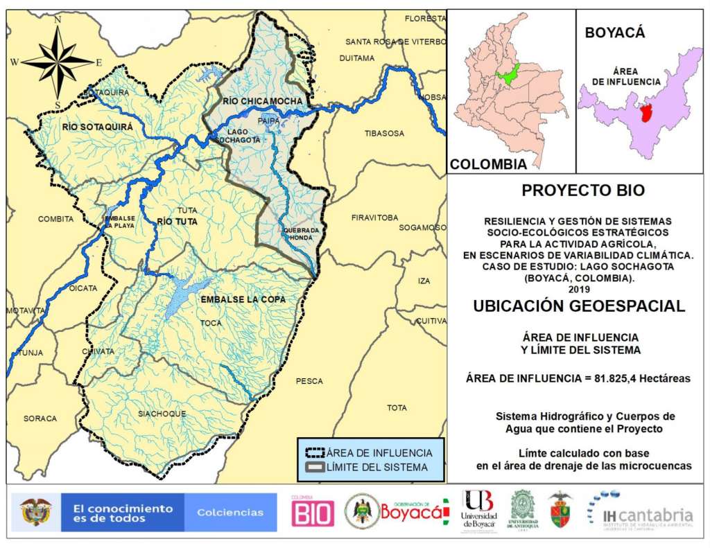 Mapa de una parte de la cuenca del río Chicamocha, con énfasis en el área de estudio del proyecto: Resiliencia y gestión de sistemas socio-ecológicos estratégicos para la actividad agrícola, en escenarios de variabilidad climática.