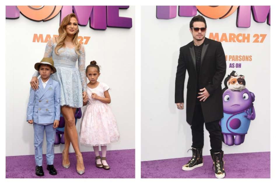Jennifer Lopez posa en el estreno de "Home" con sus gemelos Max y Emme; mientras que Casper Smart posa solo.