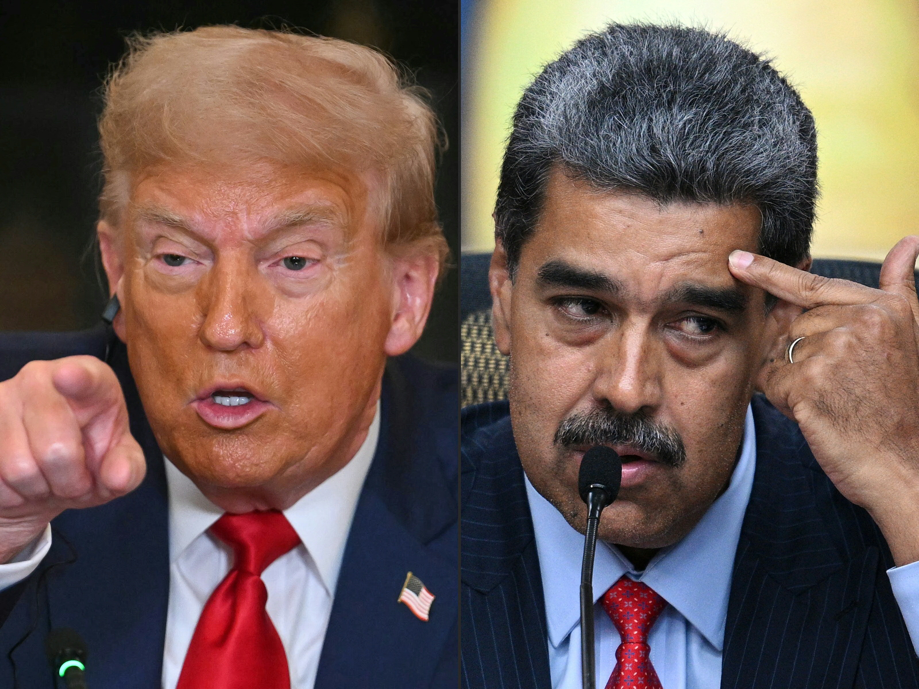 (COMBO) This combination of pictures created on August 7, 2025 shows US President Donald Trump (L) in Washington, DC, on July 9, 2025, and Venezuelan President Nicolas Maduro (R) in Caracas on July 31, 2024. US President Donald Trump on September 20, 2025 threatened Venezuela with "incalculable"