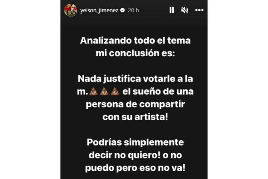 Publicación de Yeison Jiménez sobre la polémica reacción de Bad Bunny y su fan.