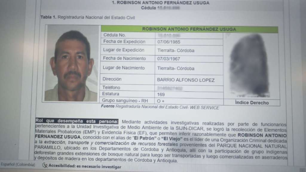 Reseña de alias El Viejo, líder de la estructura del Clan del Golfo que deforestaba el Parque Natural Paramillo./ Archivo particular.