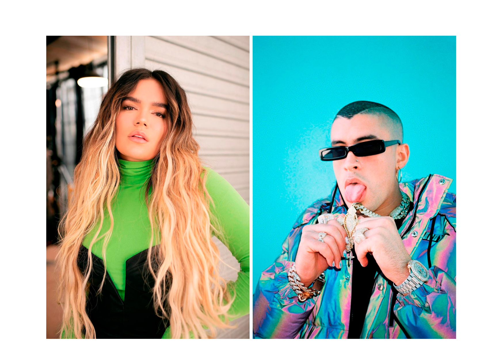 Combo de dos fotografías cedidas por Telemundo donde aparece la cantante colombiana Karol G y el puertorriqueño Bad Bunny quienes se erigieron como los favoritos en la próxima edición de los premios Latin Grammy al sumar cada uno ocho categorías, tras el anuncio de los nominados por parte de la Academia Latina de la Grabación, organizadores de estos premios que se celebrarán el 14 de noviembre.