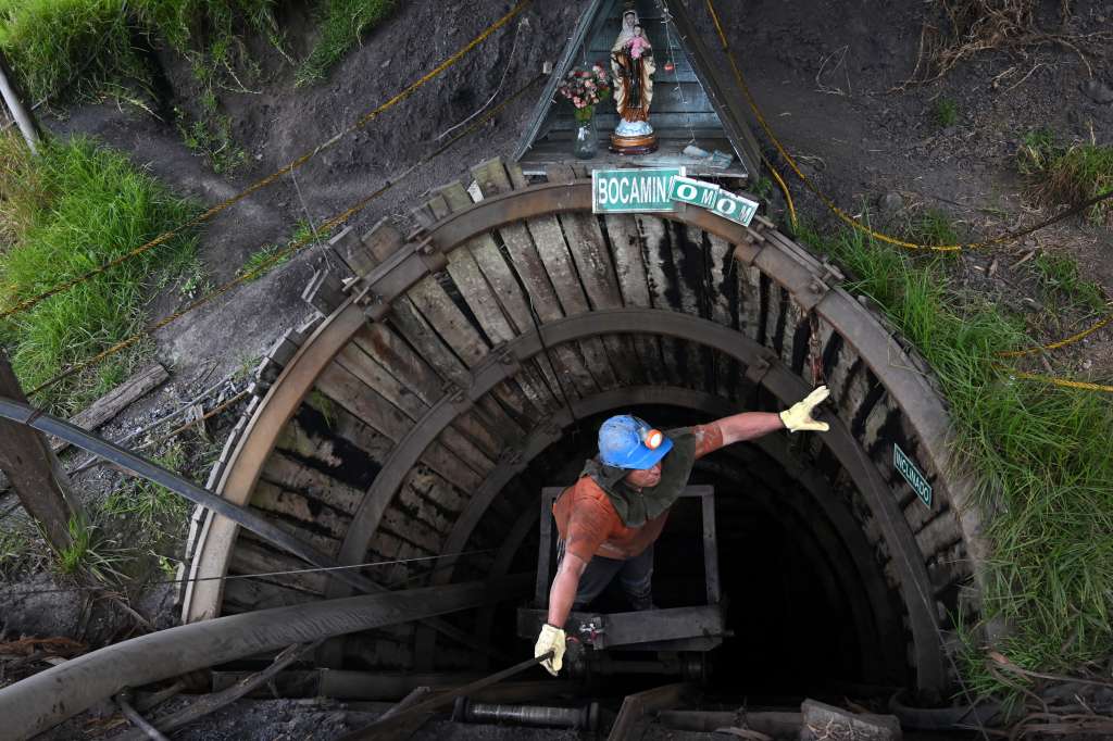 A miner descends to the underground of the Mineria LyC coal mine in Tausa, Cundinamarca Department, Colombia on August 20, 2025.