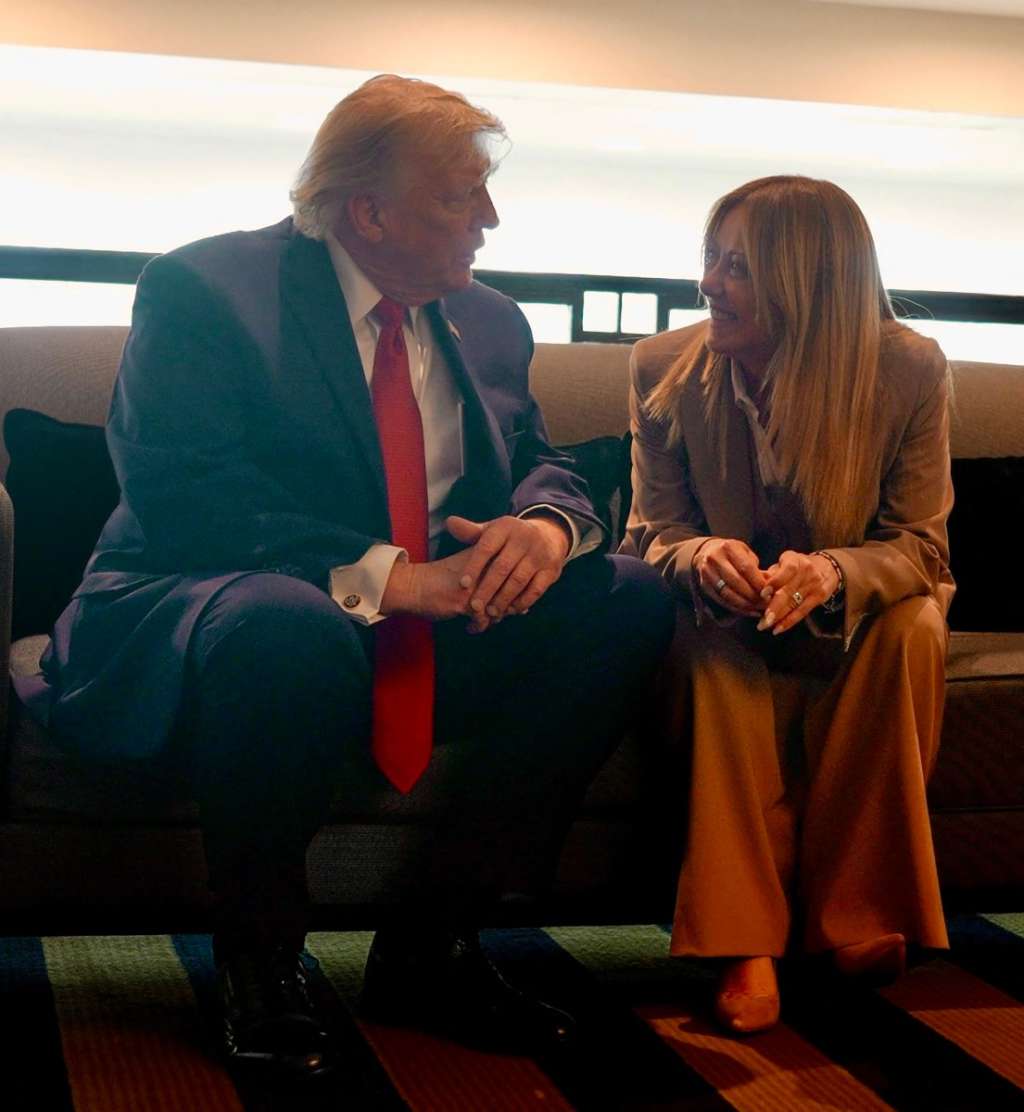In this handout picture released by the Palazzo Chigi Press Office on June 17, 2026 US President Donald Trump speaks with Italy's Prime Minister Giorgia Meloni during the G7 summit, in Evian, eastern France, on June 17, 2026. Italy's foreign minister Antonio Tajani on June 19, 2026 said he was cancelling a visit to the United States over reported comments by US President Donald Trump that appeared to mock Prime Minister Giorgia Meloni.