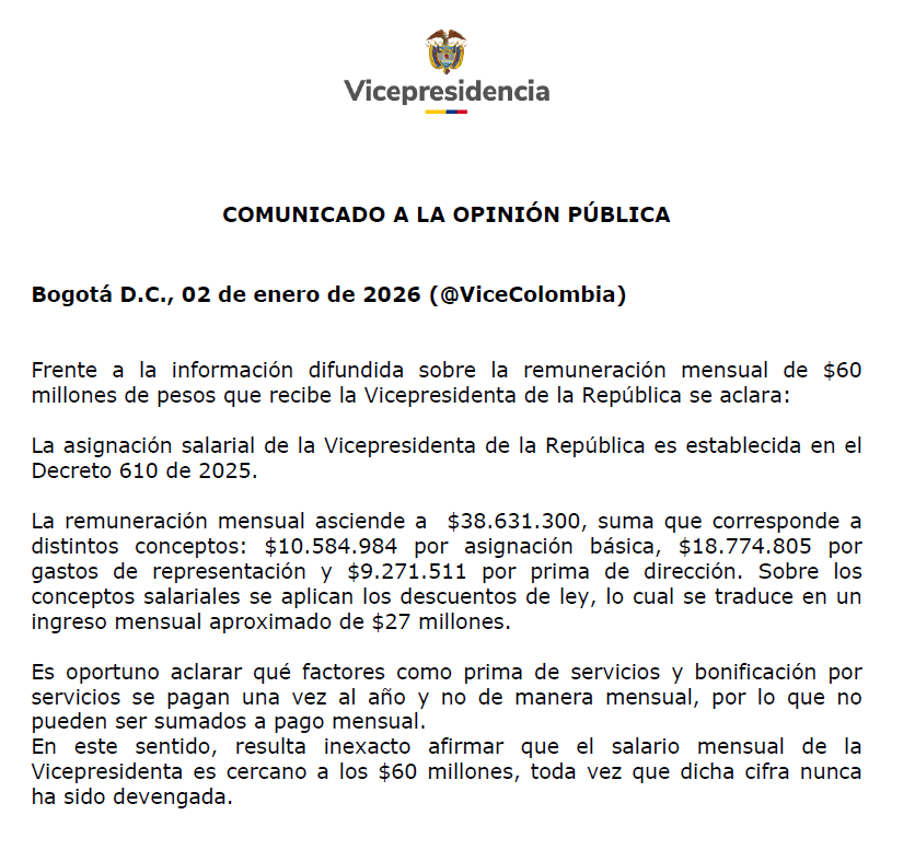 Comunicado de la Vicepresidencia