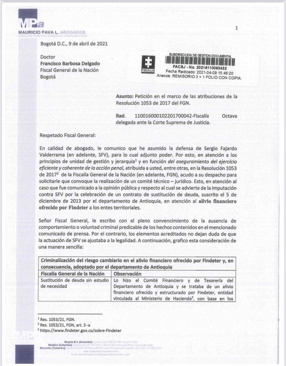 Carta enviada por el abogado de Sergio Fajardo a la Fiscalía General de la Nación.