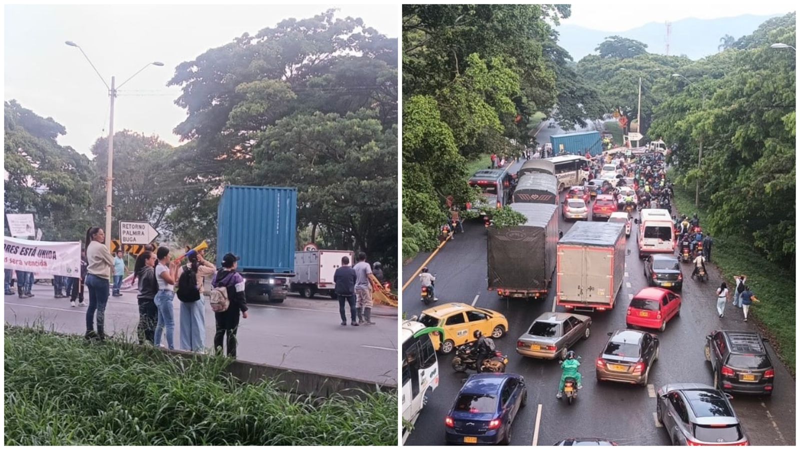 Manifestantes bloquean la vía Palmira - Cali, a la altura del corregimiento La Dolores, con contenedores y pancartas.