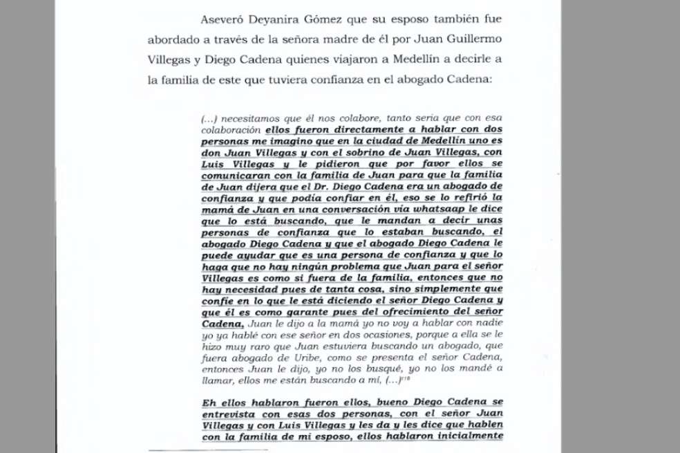 Declaración de Deyanira Gómez sobre Juan Guillermo Villegas