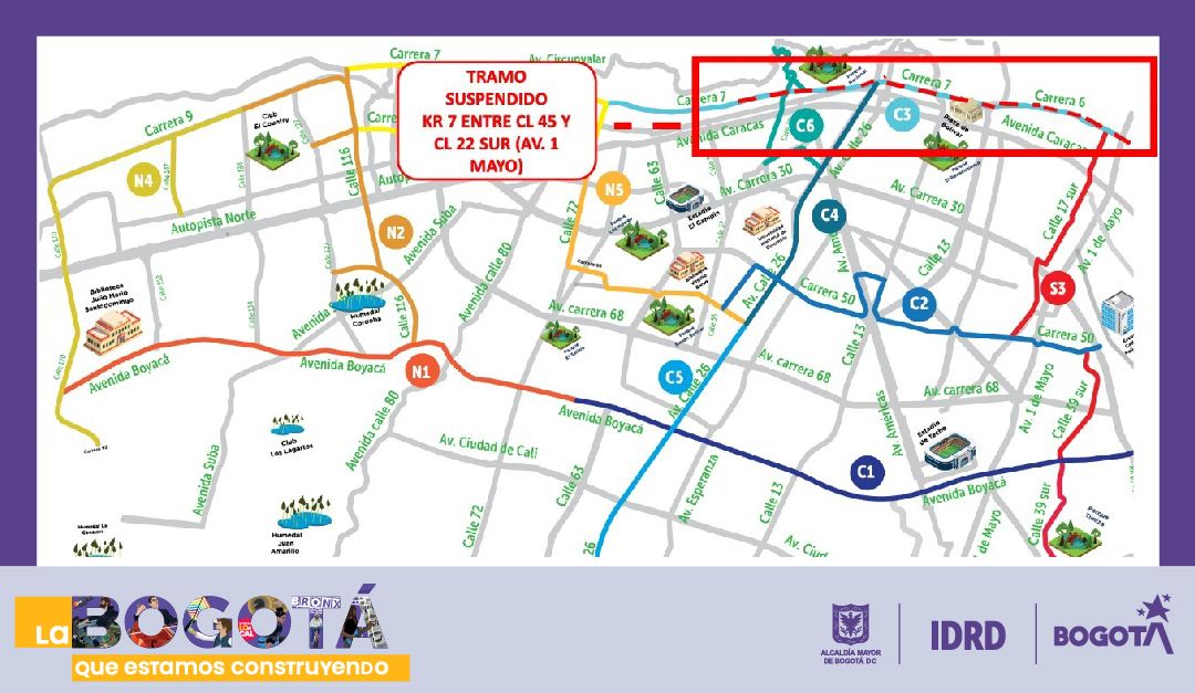 Mapa ciclovía este 1 de mayo en Bogotá.