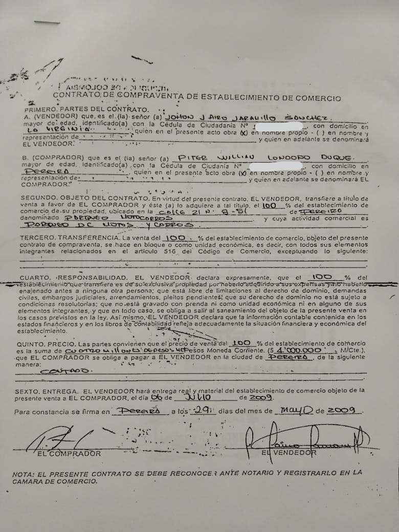 Transferencia del Parqueo Motocarros a Piter William Londoño Duque. Este negocio que fue incautado por las autoridades pertenecía en realidad al jefe de la banda Cordillera John Jairo Jaramillo Sánchez "El Meme", asesinado en 2015.