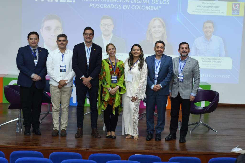 Óscar Domínguez, director ejecutivo de la Asociación Colombiana de Universidades (ASCUN); Dr. Luis Fernando Polanía Obando, rector de la Universidad del Quindío; Dra. Ana María Piñeros Ricardo, rectora Fundación Universitaria Juan N. Corpas; Dr. Felipe Baena Botero, rector Fundación Universitaria del Área Andina Sede Pereira; Yarelis Lara, presidenta de la red colombiana de posgrados - directora de posgrados de la Universidad Simón Bolívar.