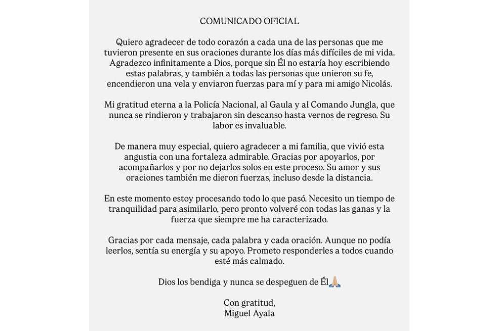 Comunicado de Miguel Ayala.