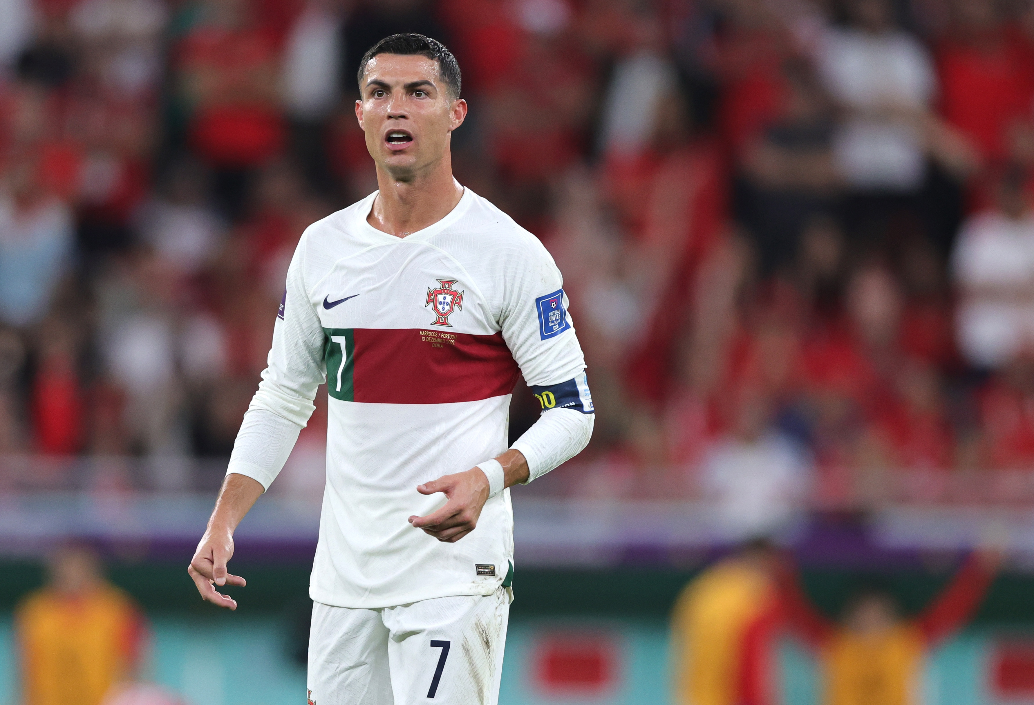 Doha (Qatar), 10/12/2022.- Cristiano Ronaldo of Portugal reacts during the FIFA World Cup 2022 quarter final soccer match between Morocco and Portugal at Al Thumama Stadium in Doha, Qatar, 10 December 2022. (Mundial de Fútbol, Marruecos, Catar) EFE/EPA/Abir Sultan
