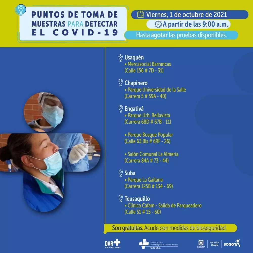 Estos son los puntos para toma de pruebas COVID-19 este viernes en Bogotá.