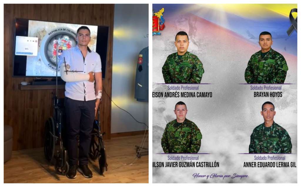 Luis Miguel Sánchez Castro ascendió a sargento de manera simbólica. Al costado derecho, sus compañeros muertos en el mismo combate del cual sobrevivió.