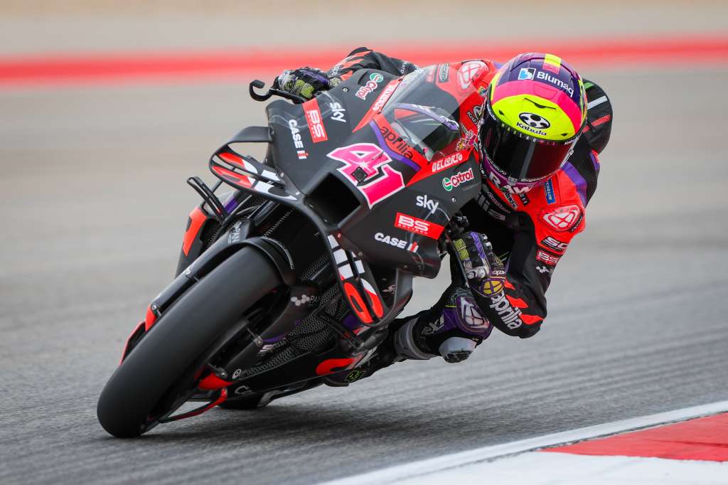 Portimao (Portugal), 22/03/2024.- Aleix Espargaro of Spain of Aprilia Racing in action during the free practice session of the Motorcycling Grand Prix of Portugal, in Portimao, Portugal, 22 March 2024. The 2024 Motorcycling Grand Prix of Portugal is held on 24 March. (Motociclismo, Ciclismo, España) EFE/EPA/JOSE SENA GOULAO