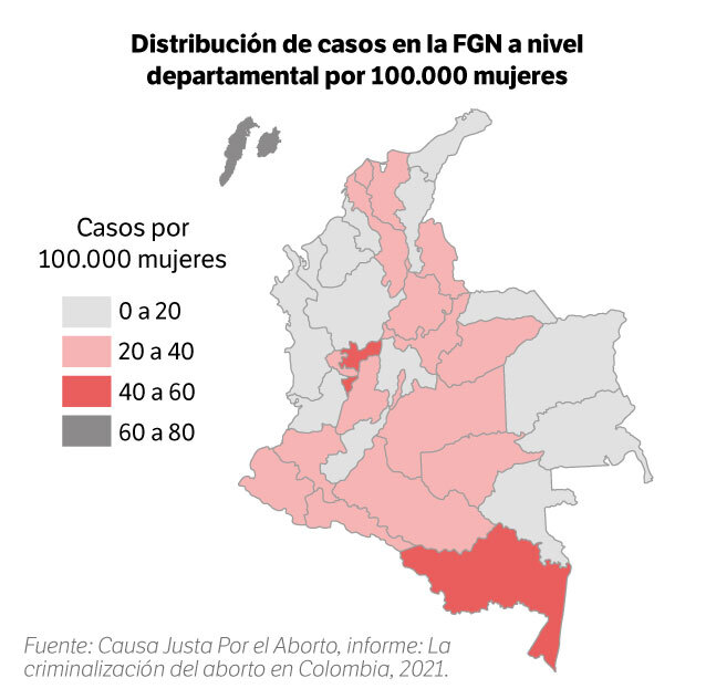 Distribución de casos activos en la Fiscalía por cada 100.000 mujeres