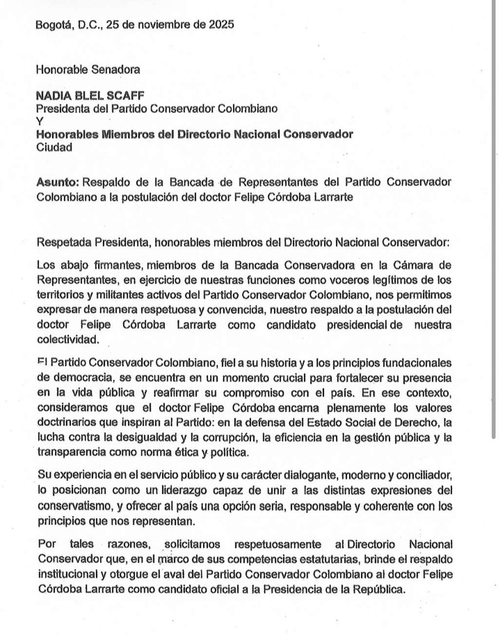 Carta de conservadores en respaldo a Felipe Córdoba