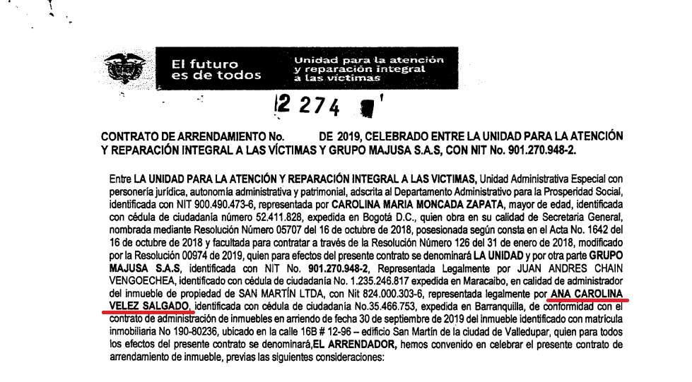 Contrato de arrendamiento entre la Unidad de Víctimas y el administrador del inmueble de propiedad de la madre de Jorge Tovar.