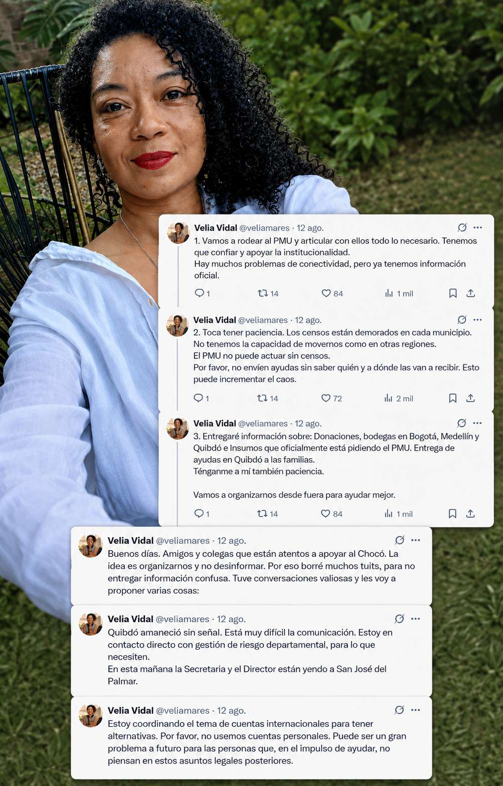 La escritora chocoana Velia Vidal se convirtió en un puente entre las comunidades afectadas, las instituciones y quienes quieren ayudar. Atiende llamadas, verifica información, conecta municipios y traduce los datos oficiales para que sean útiles y comprensibles.