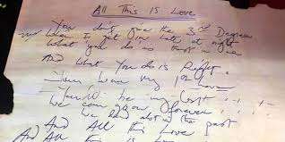 Imagen de la letra original de una de las canciones de Queen: All this is love, que hace partye del archivo que conserva y cuida Greg Brooks.  / Cortesía